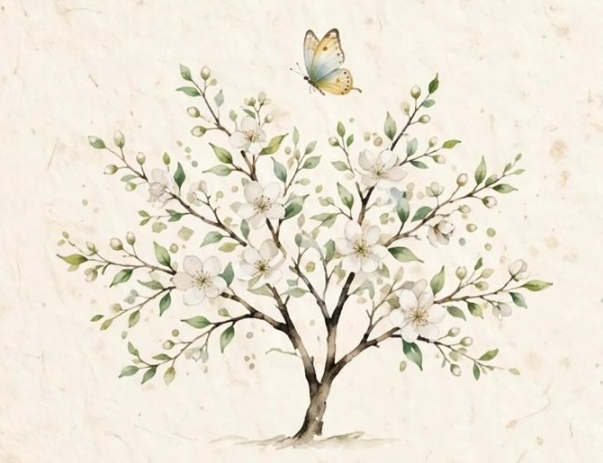 A flowering tree with a butterfly